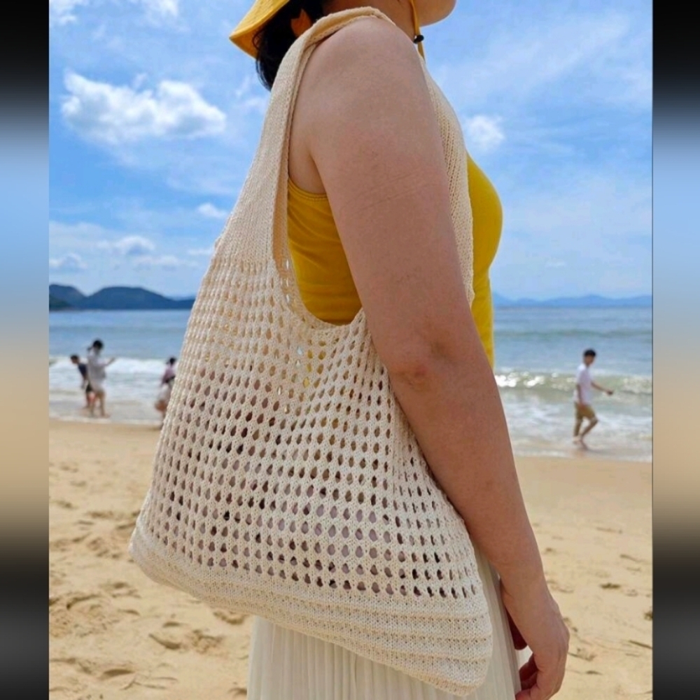 Boho Crochet Apricot Cream Tote Shoulder Bag Beach Bag